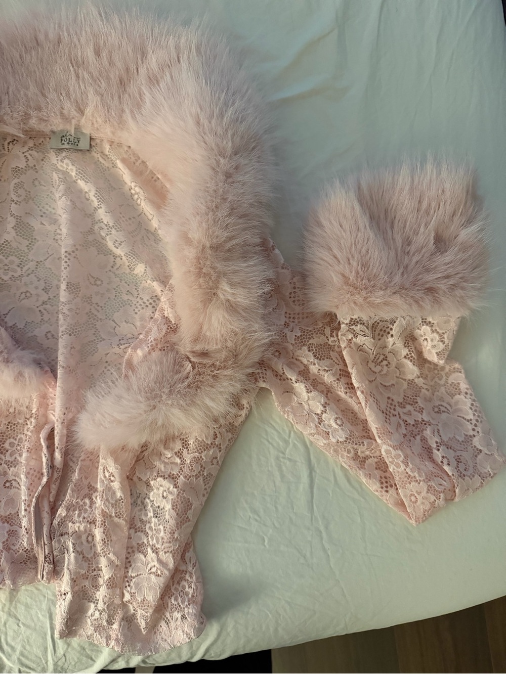 Oh Polly Pink Lace Fur Trim Long Sleeve Top - Picture 2 of 2
